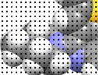 space-filling diagram of molecule, with a grid over it